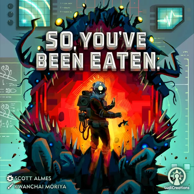 cover art for the game 'so you've been eaten,' which features an illustration of a person in an old timey diving outfit in a cave with creepy plants