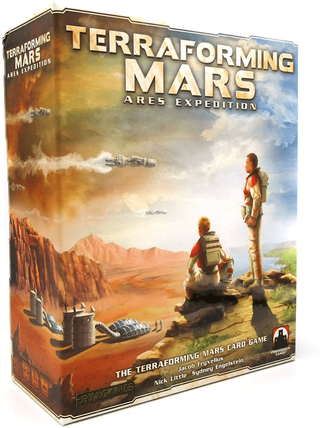 a large box for the board game 'terraforming mars: the ares expedition.' the illustration on it features two astronauts in spacesuits with their helmets off, overlooking a vista on mars with some rudimentary bases. the landscape is mostly mars' rusty red sand, but the bluff the astronauts are on is more green