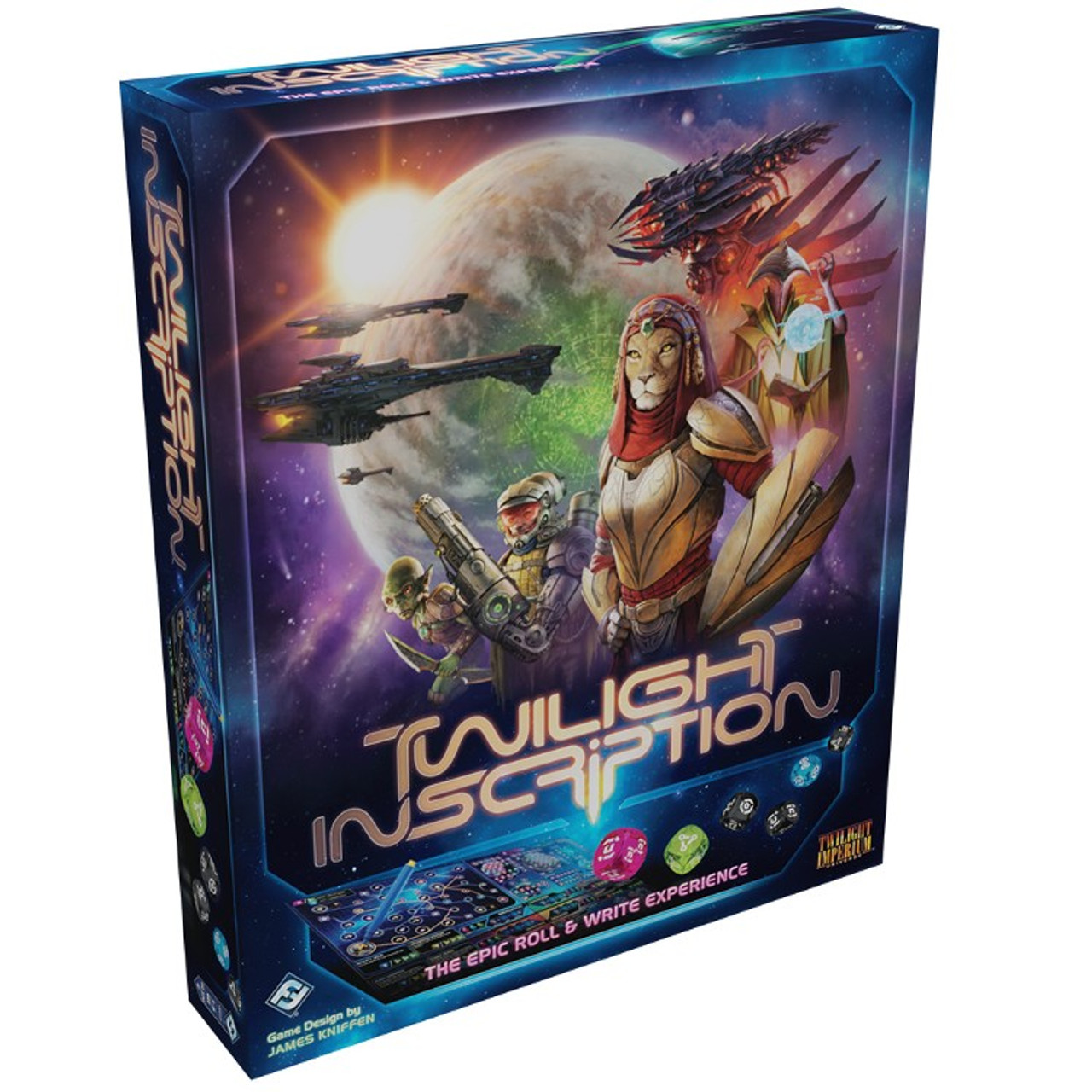 a box for the board game "twilight inscription," featuring a collage fantasy illustration of several characters: an anthropomorphic lioness wearing futuristic battle armor holding a shield, a humanoid inside a militaristic futuristic spacesuit holding a large gun, and a small goblin holding a double sided knife. behind them is a planet in space with a sun behind it. above the planet are intimidating angular long spaceships