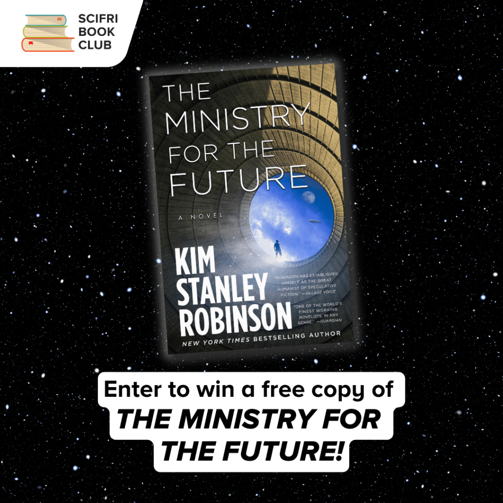 Cover of Ministry for the Future by Kim Stanley Robinson with a background showing outer space and many stars.  He reads the text 