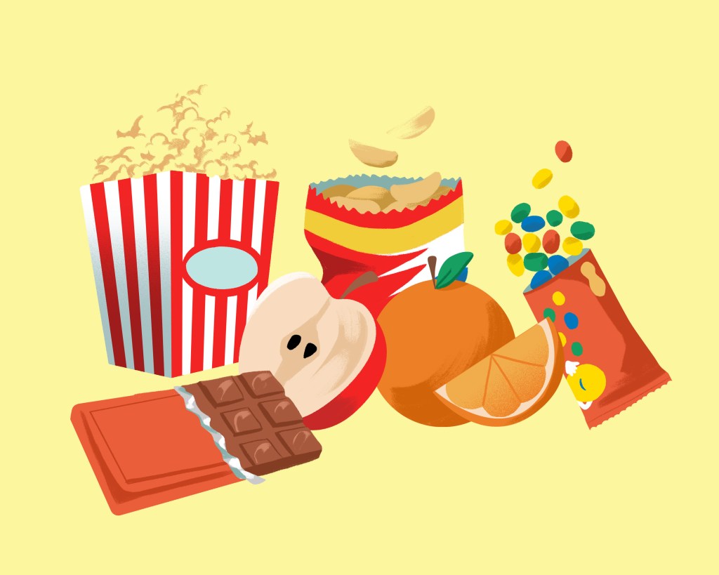 Clip art illustration of snack foods, including popcorn, chocolate, apples, oranges, and candy