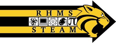 The Richmond Hill Middle School STEAM Program Logo is a black and yellow wildcat head in an arrow, with RHMS and STEAM positioned around symbols representing chemistry, computer science, engineering, the arts, and math 
