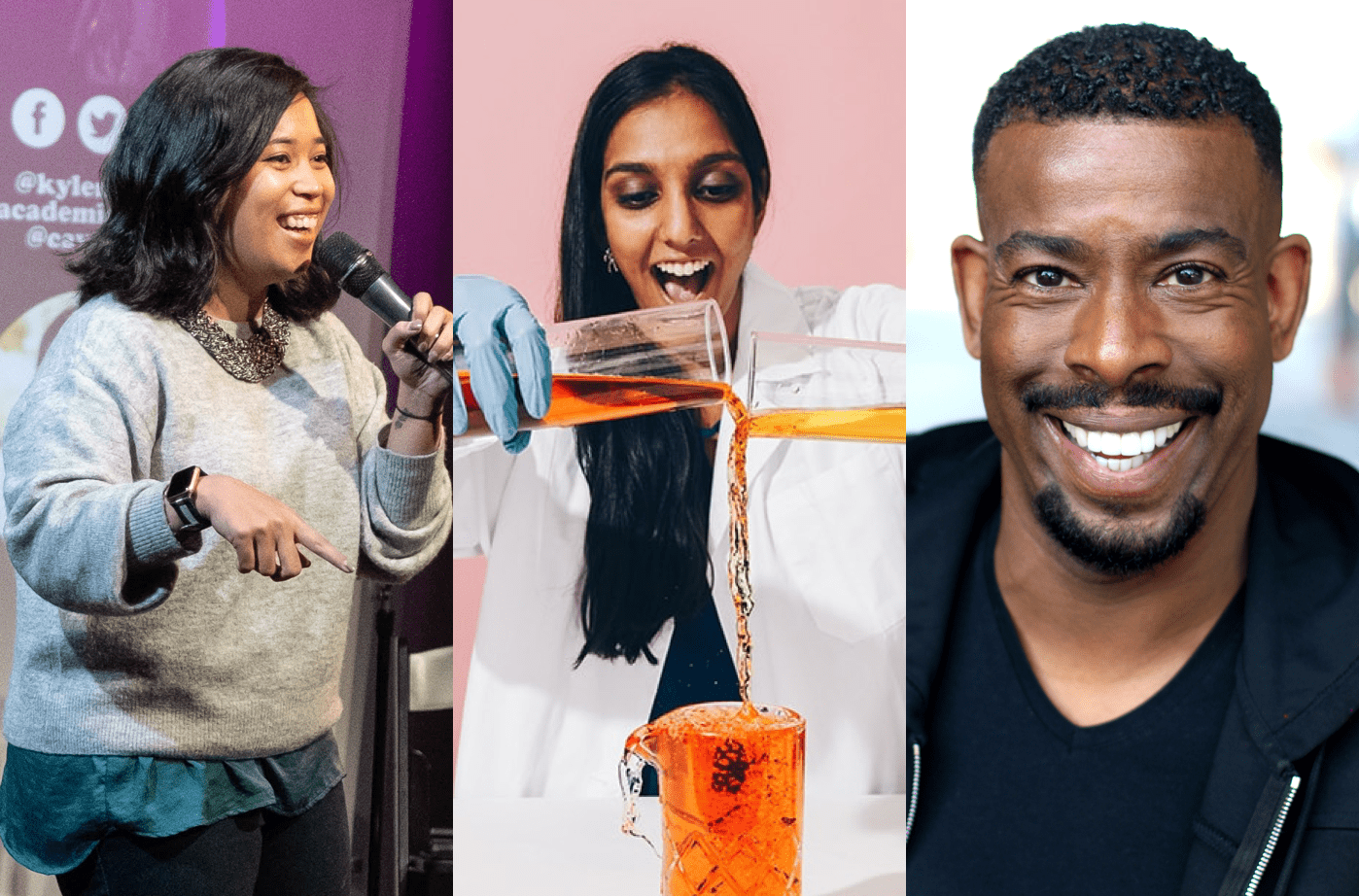 three images side by side, each of different people. from left to right: a woman on stage smiling, pointing, and holding a microphone, a woman smiling in a lab coat pouring colored liquids from two scientific glasses into a larger glass, and a headshot of a smiling man