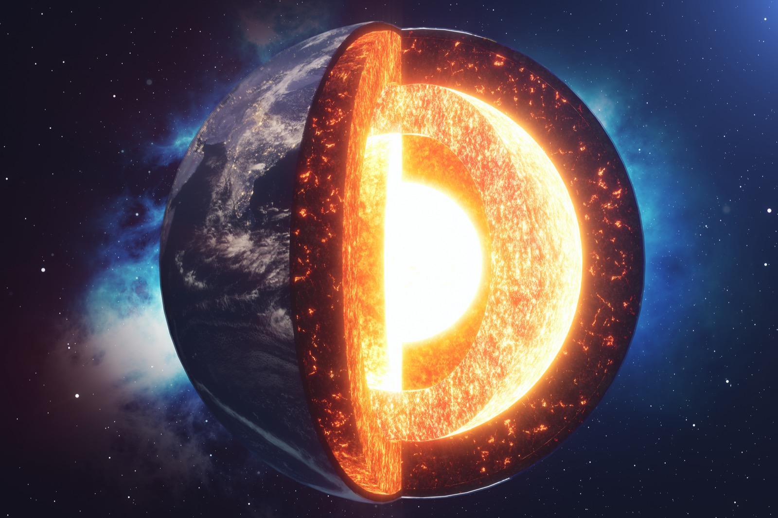 a computer generated image of a cross section of the earth viewed from space, where you can see the multiple layers of the earth (the crust, mantle, outer core, and inner core) as it gets deeper into the earth, the sections get brighter