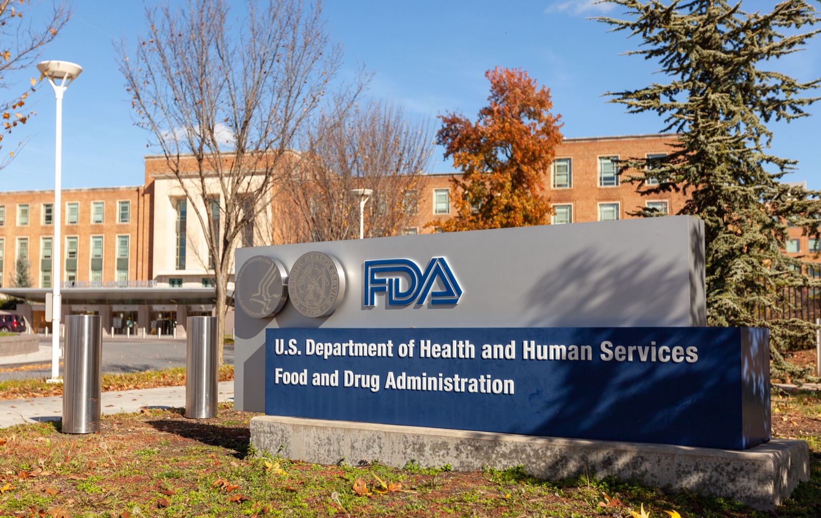 outside the main fda building, the sign is in the foreground