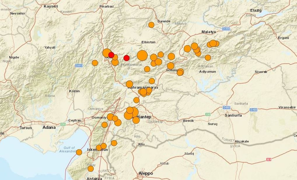 a map of turkey showing dozens of yellow and orange circles, representing earthquakes and aftershocks as of early february 2023