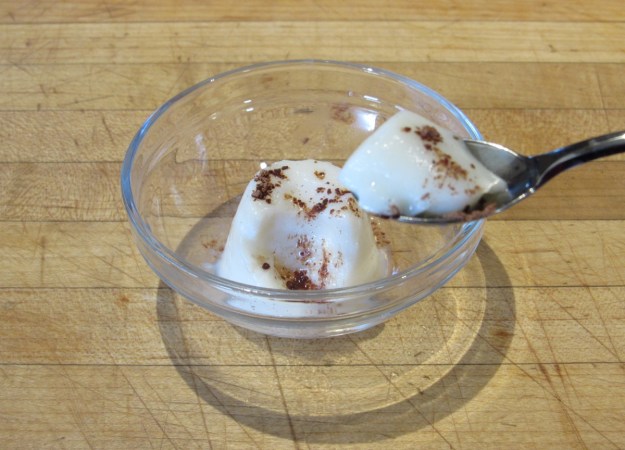 A small mound of opaque white ice cream in a clear glass bowl topped with cocoa powder.