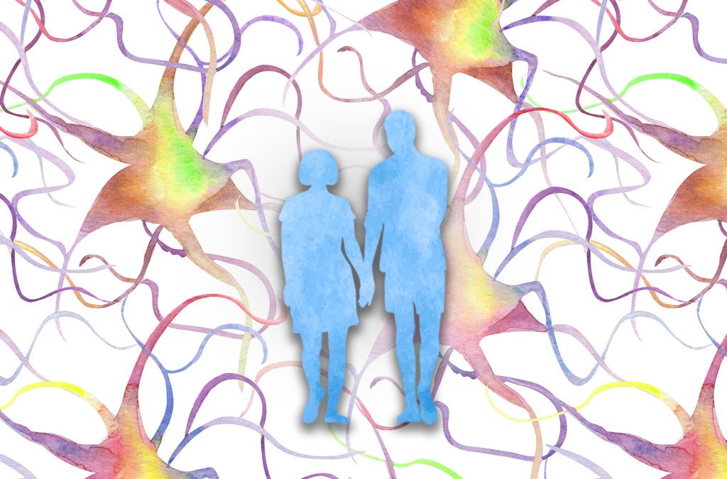 A watercolor painting of two figures holding hands, facing a web of colorful multicolor neurons.