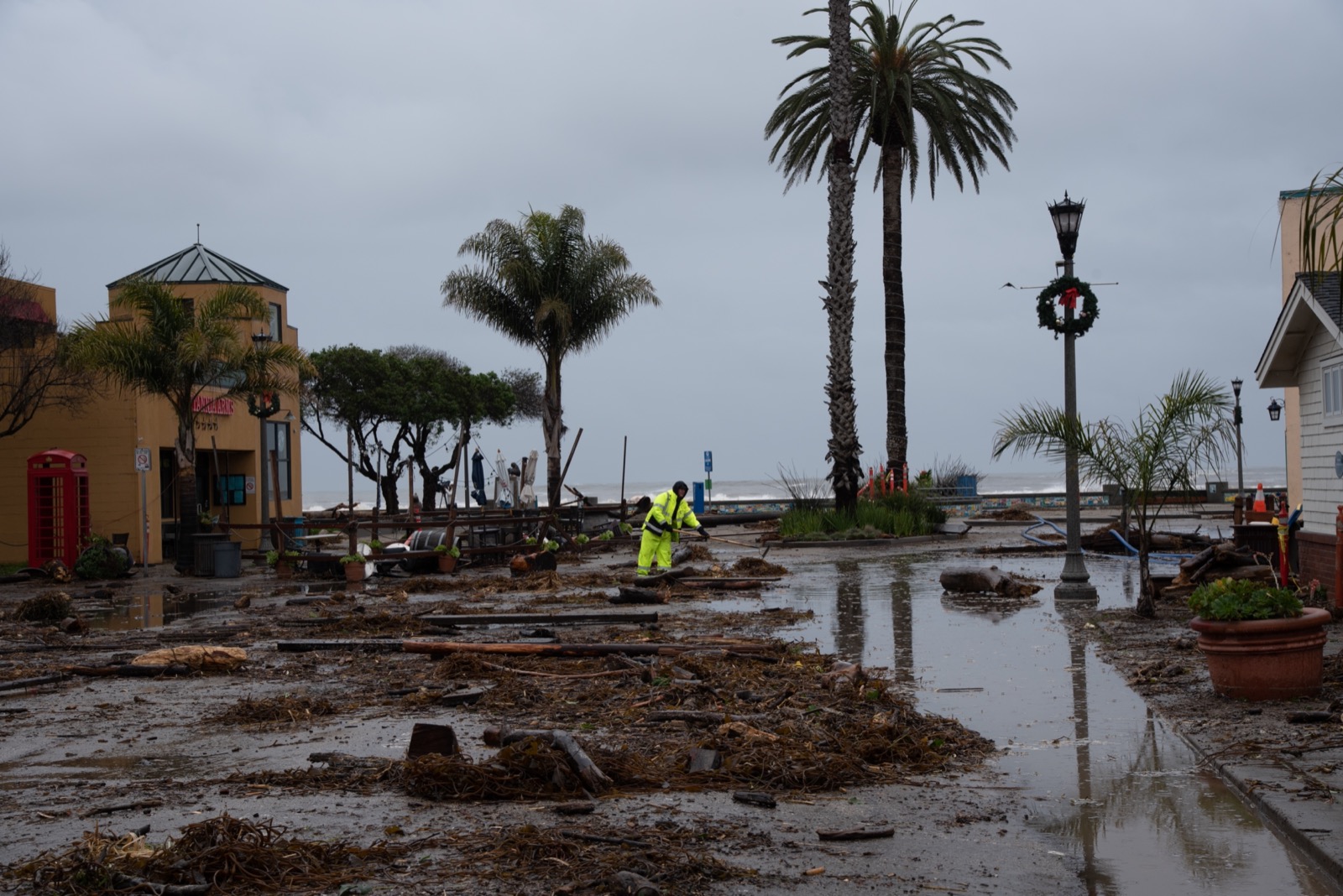 looking out over a parking lot that's partially flooded with plant debris scattered across it with palm trees and buildings in the background. a lone person in reflective weather gear picks up debris