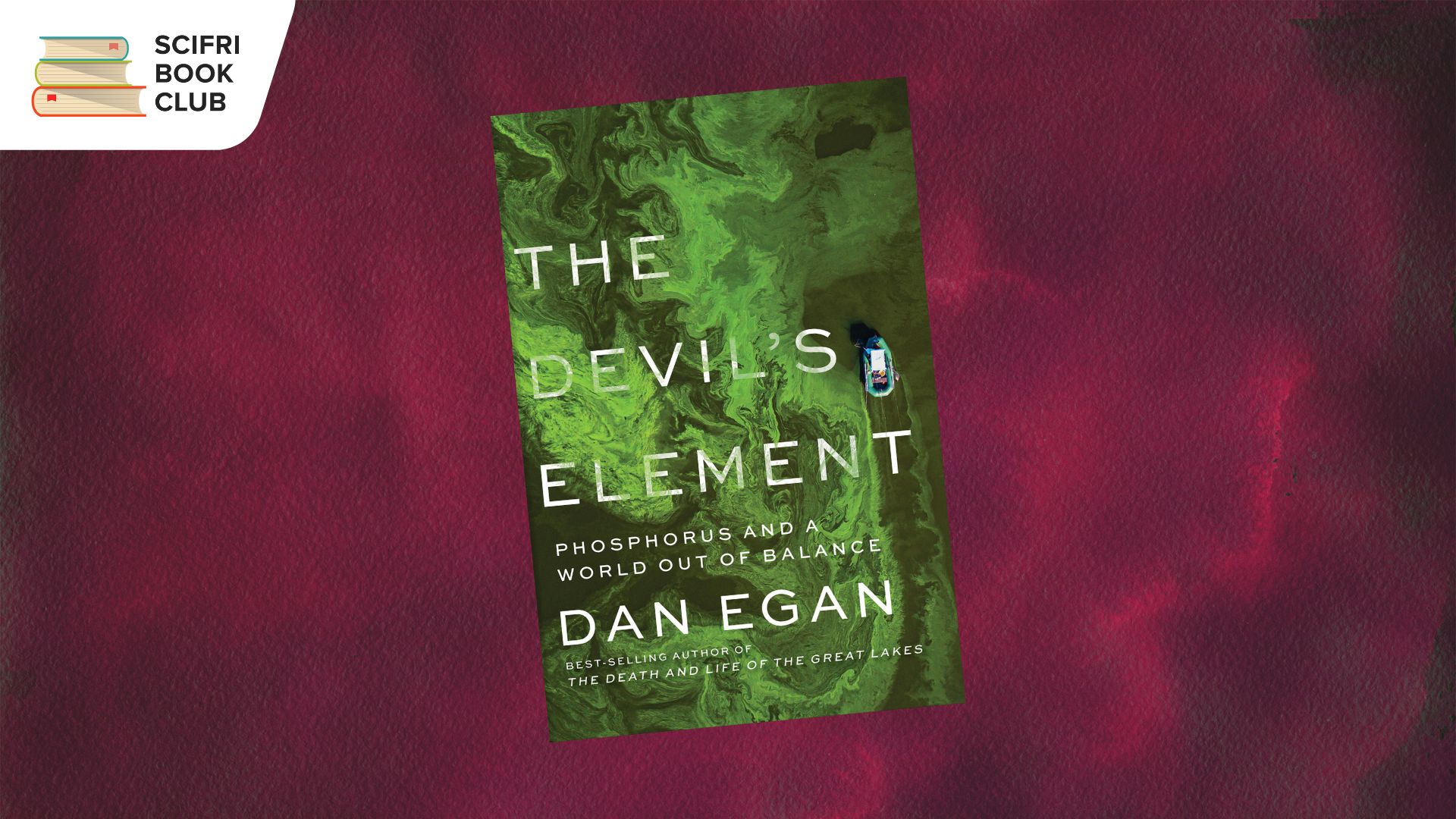 The cover of THE DEVIL'S ELEMENT by Dan Egan with a background featuring featuring maroon watercolor paper texture.