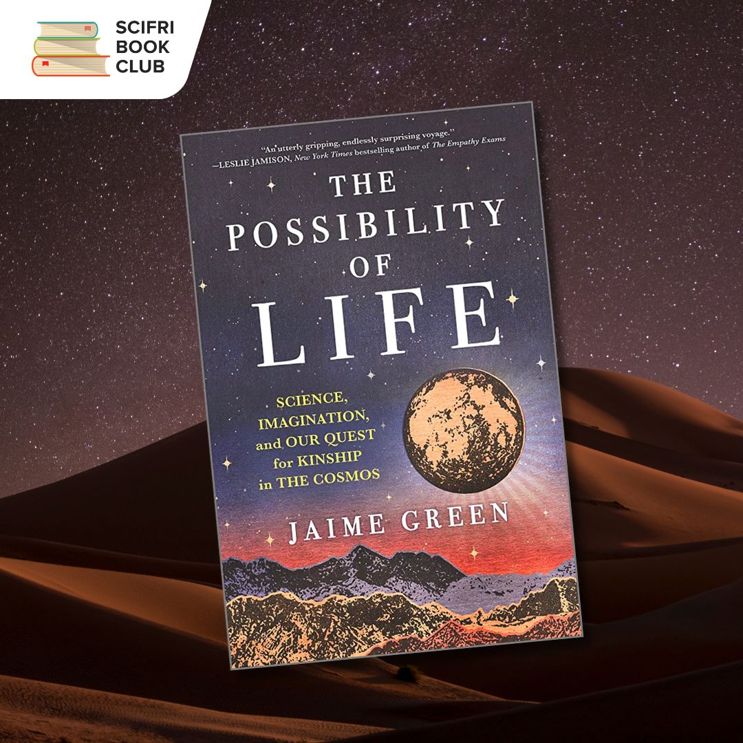 The cover of THE POSSIBILITY OF LIFE by Jaime Green with a background featuring a desert after dark, with a purple sky filled with stars.