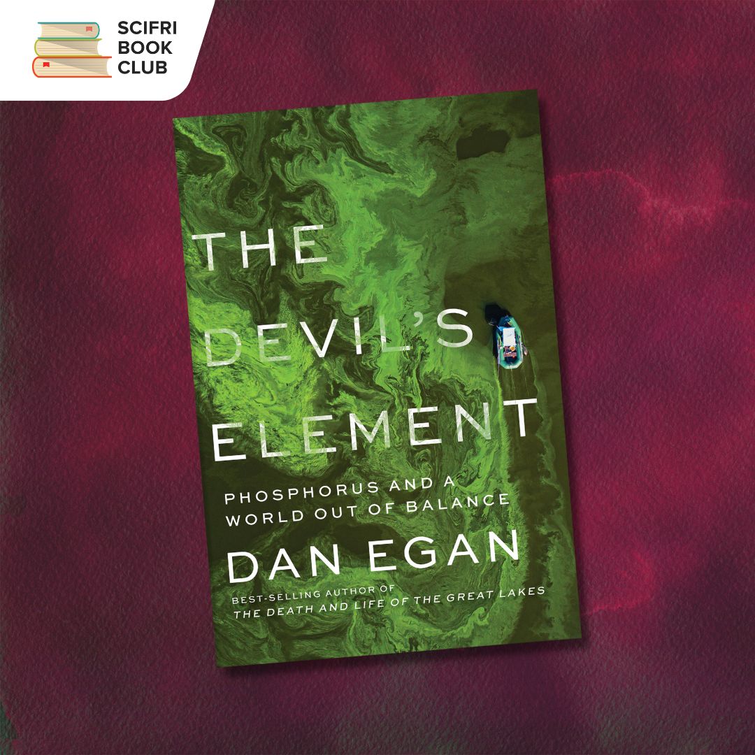 The cover of THE DEVIL'S ELEMENT by Dan Egan with a background featuring featuring maroon watercolor paper texture.