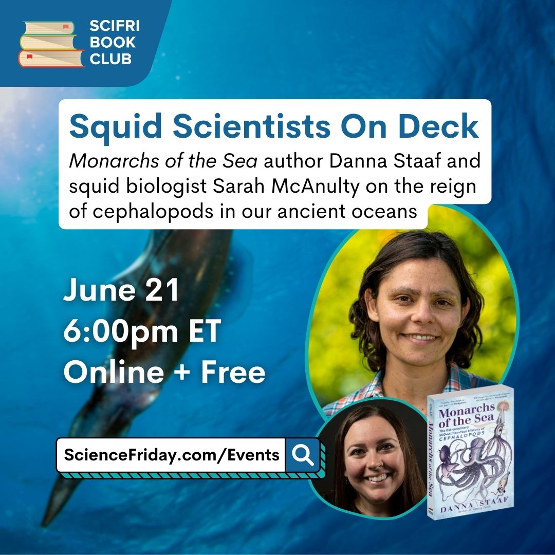 Event promotional image. In top left corner, SciFri Book Club logo, with event info below, which reads: Squid Scientists On Deck: Monarchs of the Sea author Danna Staaf and squid biologist Sarah McAnulty on the reign of cephalopods in our ancient oceans. June 21, 6:00pm ET, Online + Free. To the right of the frame is a picture of MONARCHS OF THE SEA book cover and a headshot of author Danna Staaf above a smaller photo of squid biologist Sarah McAnulty