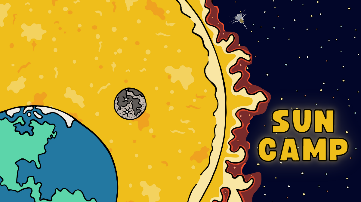 Marketing graphic of Sun Camp project where sun is in larger the background and earth and moon in the foreground 