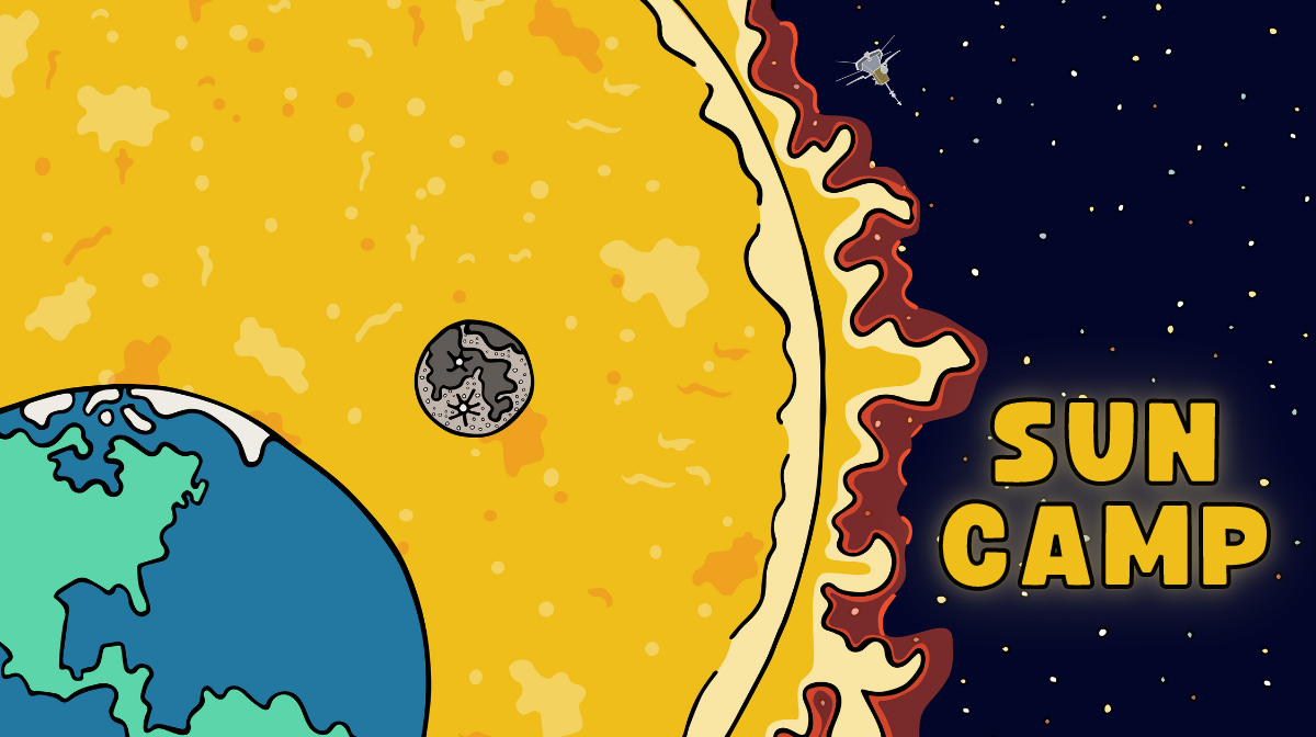 Marketing graphic of Sun Camp project where sun is in larger the background and earth and moon in the foreground