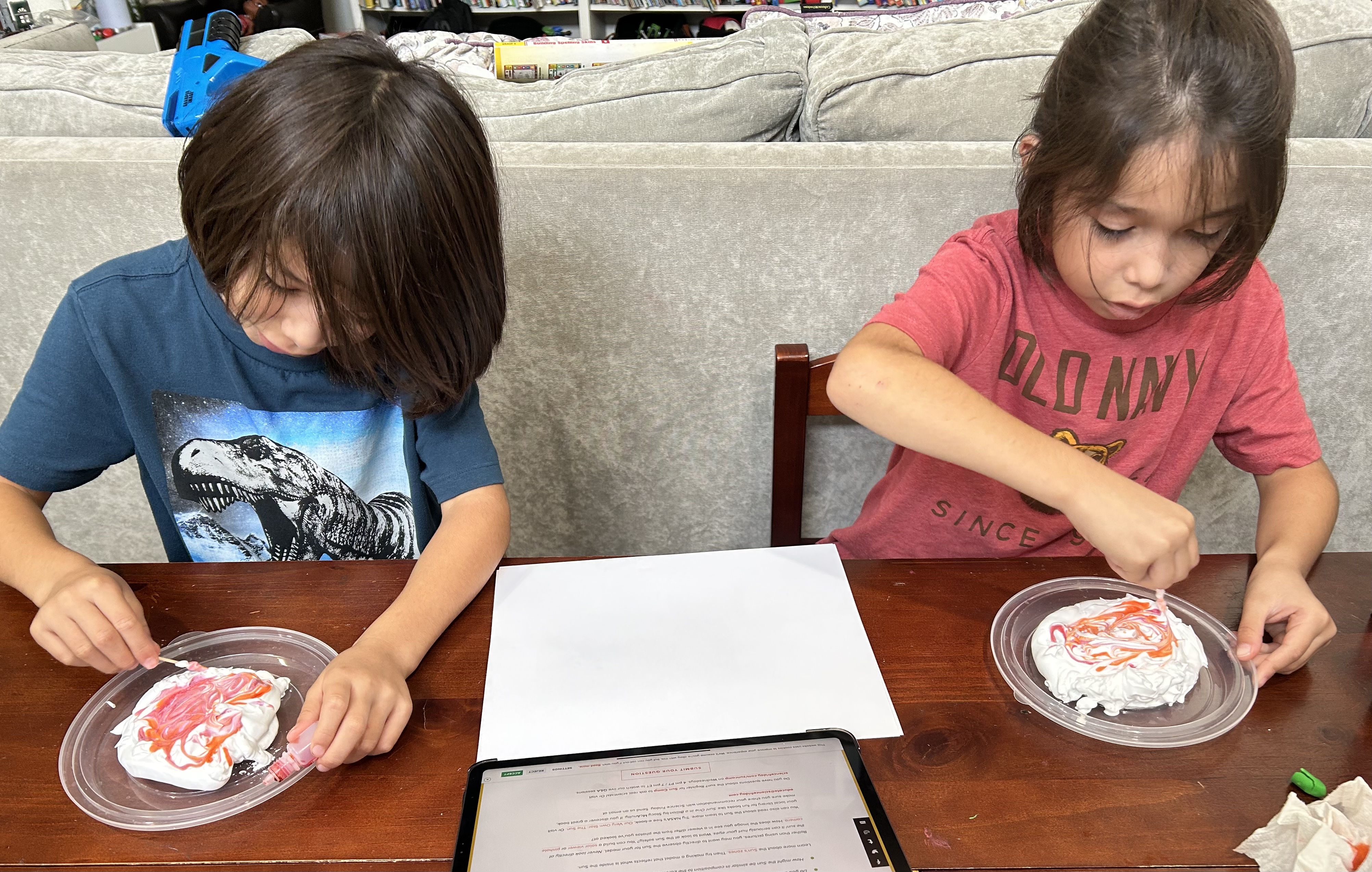 Two Sun Camp participants at their dining room table working with shaving cream and food coloring as part of activities