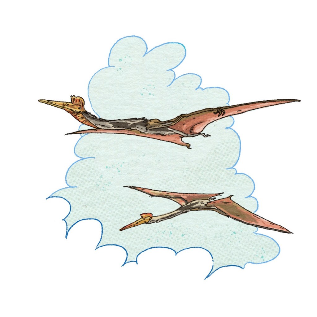 Two flying prehistoric reptiles in the genus Quetzalcoatlus glide in front of clouds