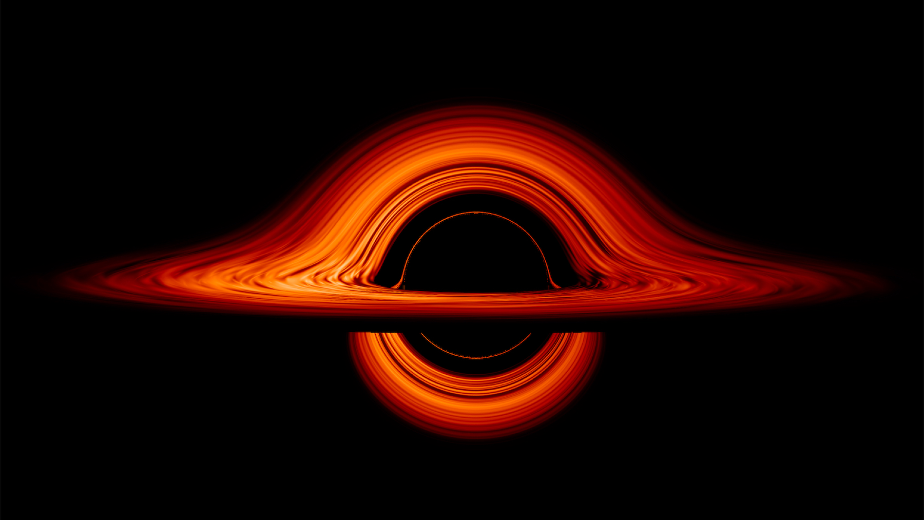 a computer rendering of a black hole showing the intense bend of orange-shaded gas curving in a ring-like shape of a large ominous black space. there is no escape