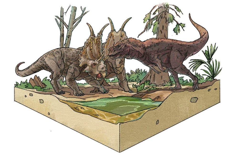 Two triceratops-looking dinosaurs in the genus diabloceratops are being approached by a hunting lythronax, a bipedal predator that looks like a T-rex