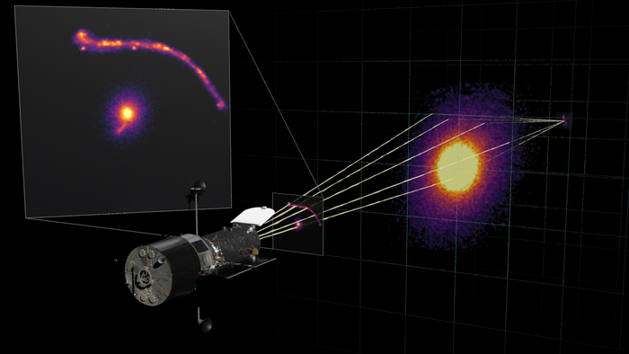 A model of the Hubble Space Telescope viewing the light from a more distant object as it is bent and magnified by the supermassive object in the foreground.