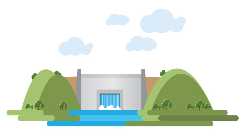 An illustration of a hydroelectric dam that spans a valley. Water emerges through turbines in its center, forming a waterfall into the lake in the valley below. 