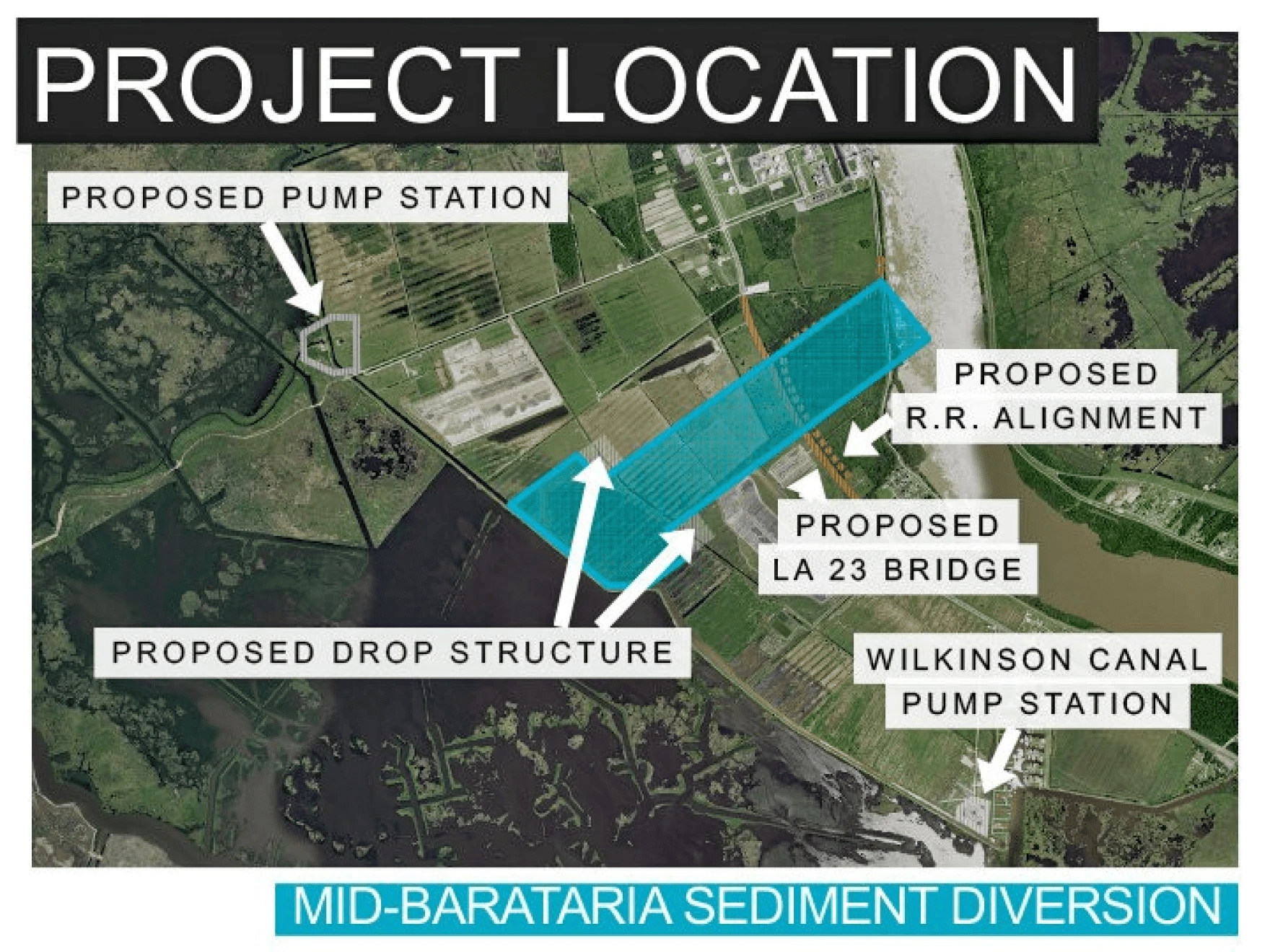 a map with overlay graphics showing where the propoed drop structure will be which stretches from the mississippi on the east across agricultural fields to marsh lands in the west