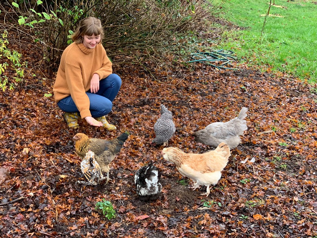 Author Tove Danovich feeding a circle of chickens