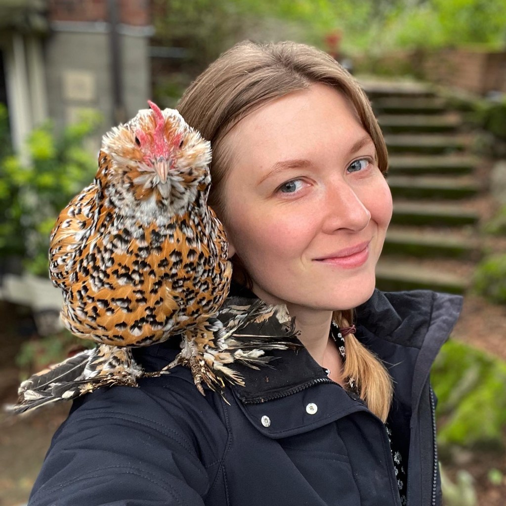 chicken on the shoulder of author Tove Danovich