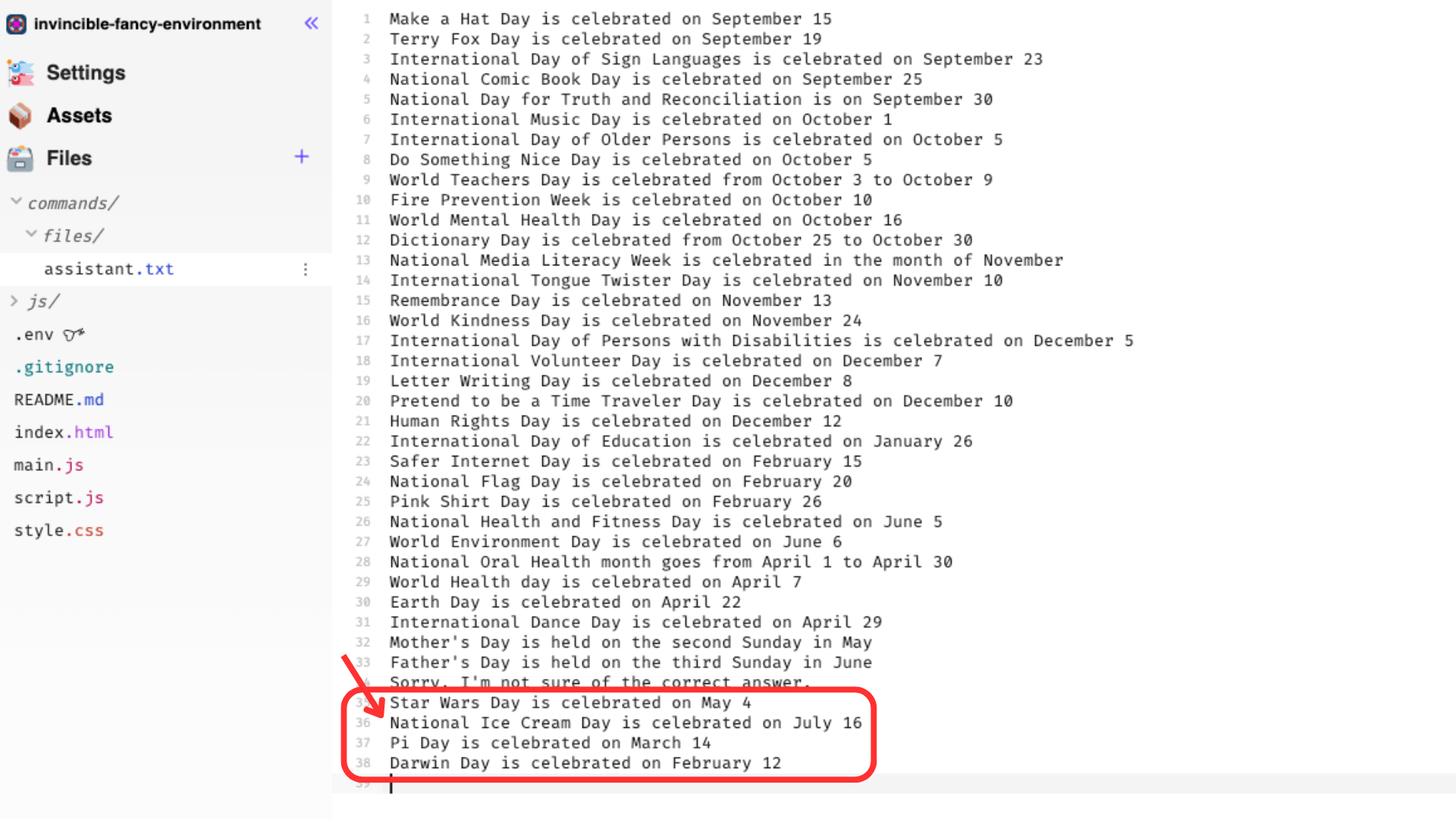 Th eillustration shows the assistant.txt file with additional new holidays added to the list and surrounded by a red box.