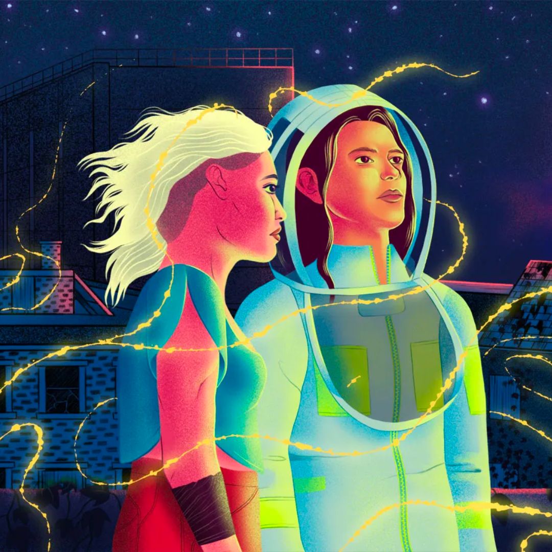 An illustration of two female presenting people, one in future-style attire and the other in a beekeeper's suit, against a background of a city at night, with yellow glowing matter swirling around them