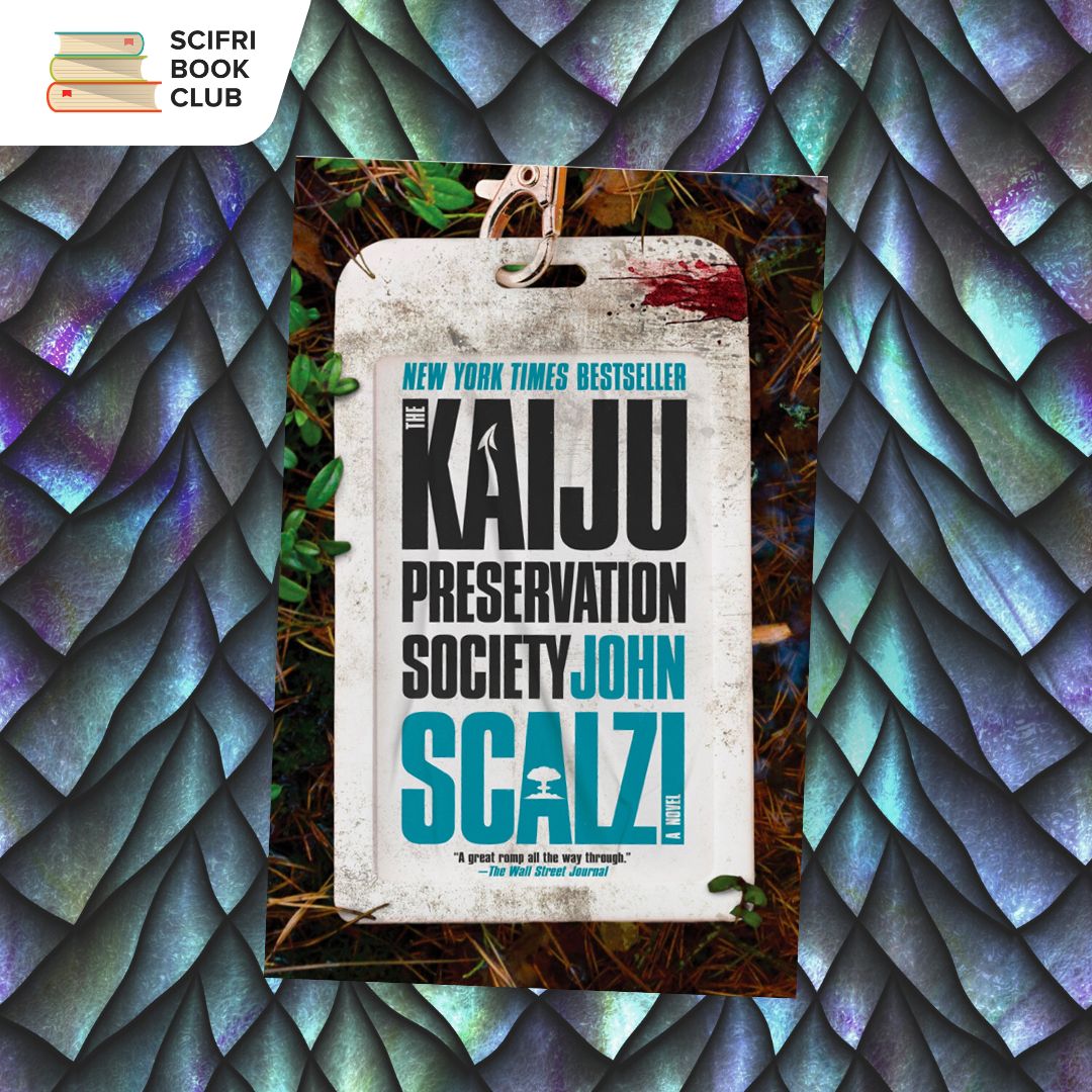 The cover of THE KAIJU PRESERVATION SOCIETY by John Scalzi with a background featuring blue, green and purple scales, like that of a dragon or other mythical creature