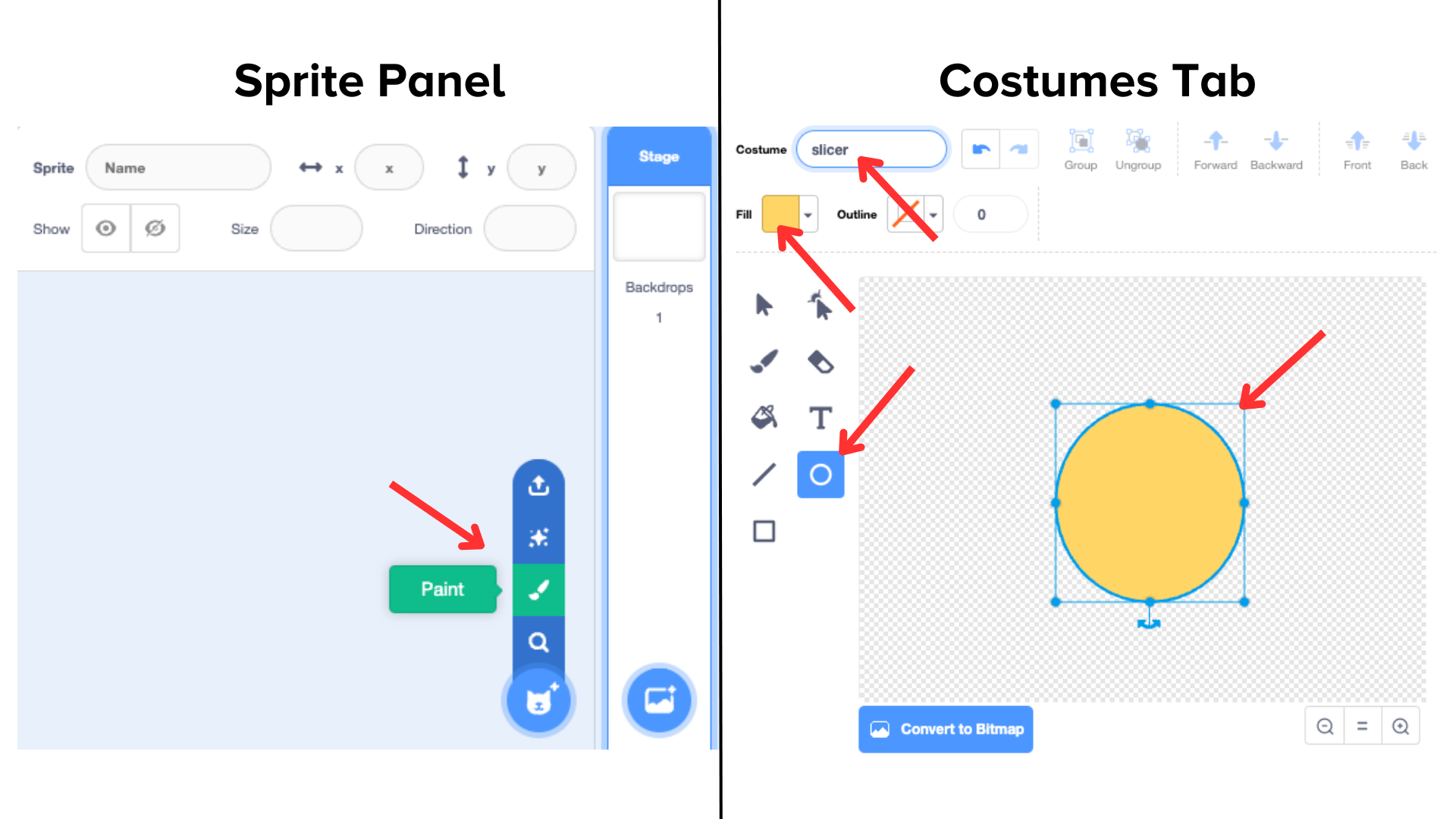 On the left side, the sprite panel shown with a red arrow pointing at the paint option. On the right, the Costumes tab with red arrows pointing to the name, the fill color, the circle tool, and the drawn dot.