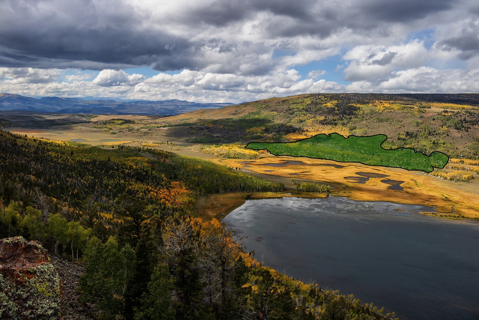 Una vista aérea de un hermoso valle exuberante lleno de árboles, colinas doradas y un gran lago.  Del lado derecho, un área de tierra sombreada en verde es la masa de tierra de Pando
