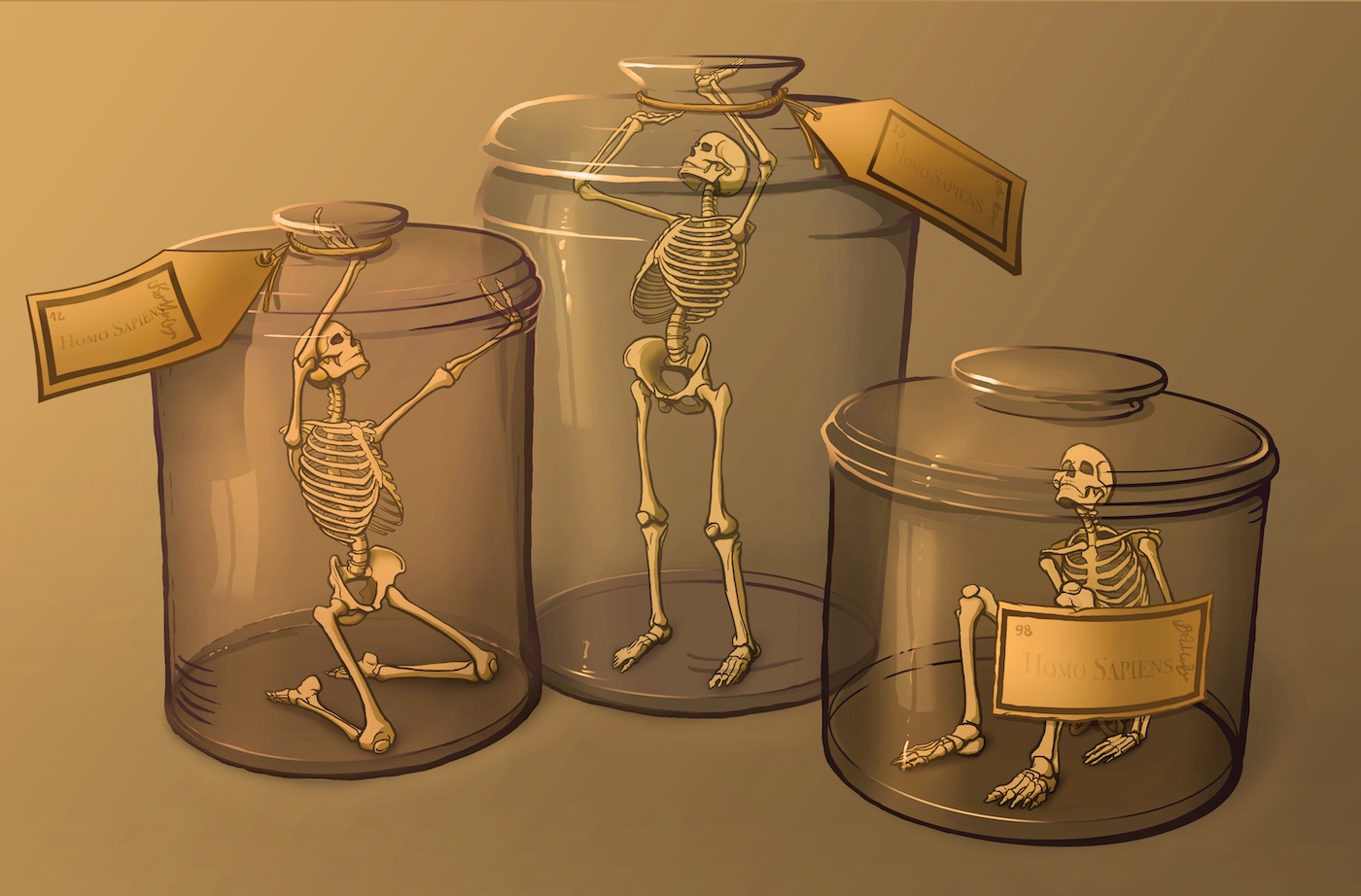 Human skeletons inside glass jars, reaching out trying to free themselves from the inside.