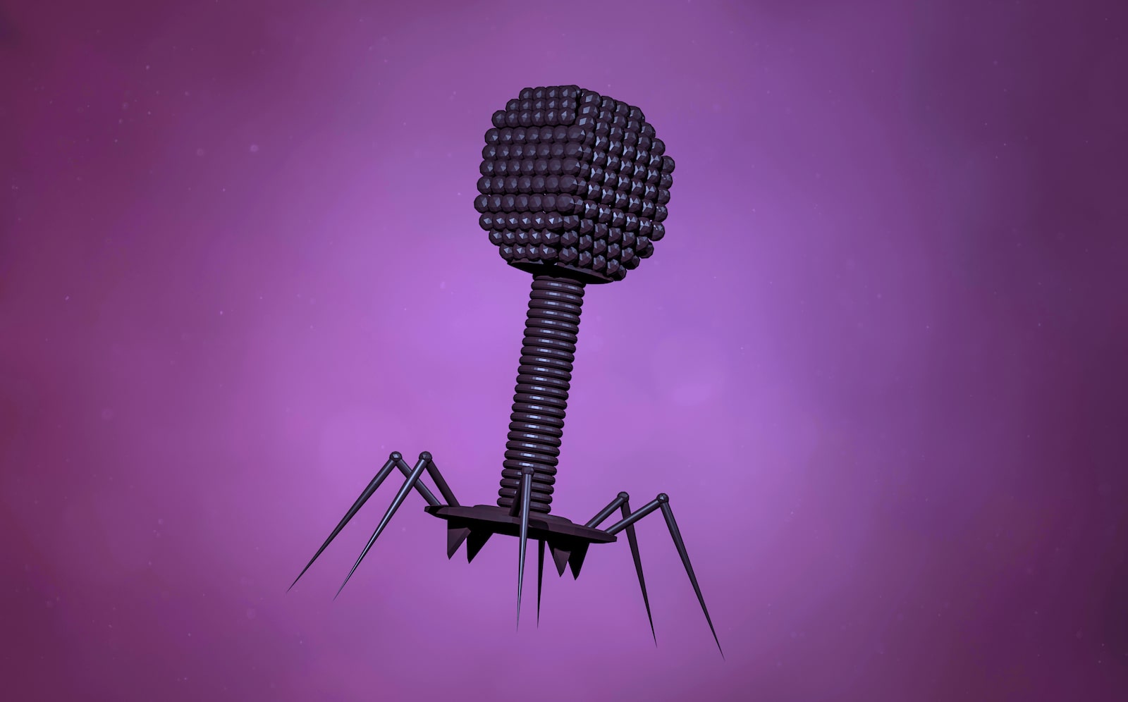 3d art illustration of a bacteriophage, which has a bulbous capsule atop a thin stick with leg-like structures beneath