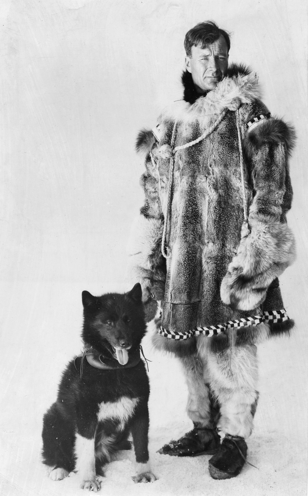 a black and white historical print image of a man on the right with a large animal fur winter coat to brave the harsh alaskan environment. he stands next to a dog on the left that hair pointy ears and a bushy dark coat with a white tuft on his chest. 