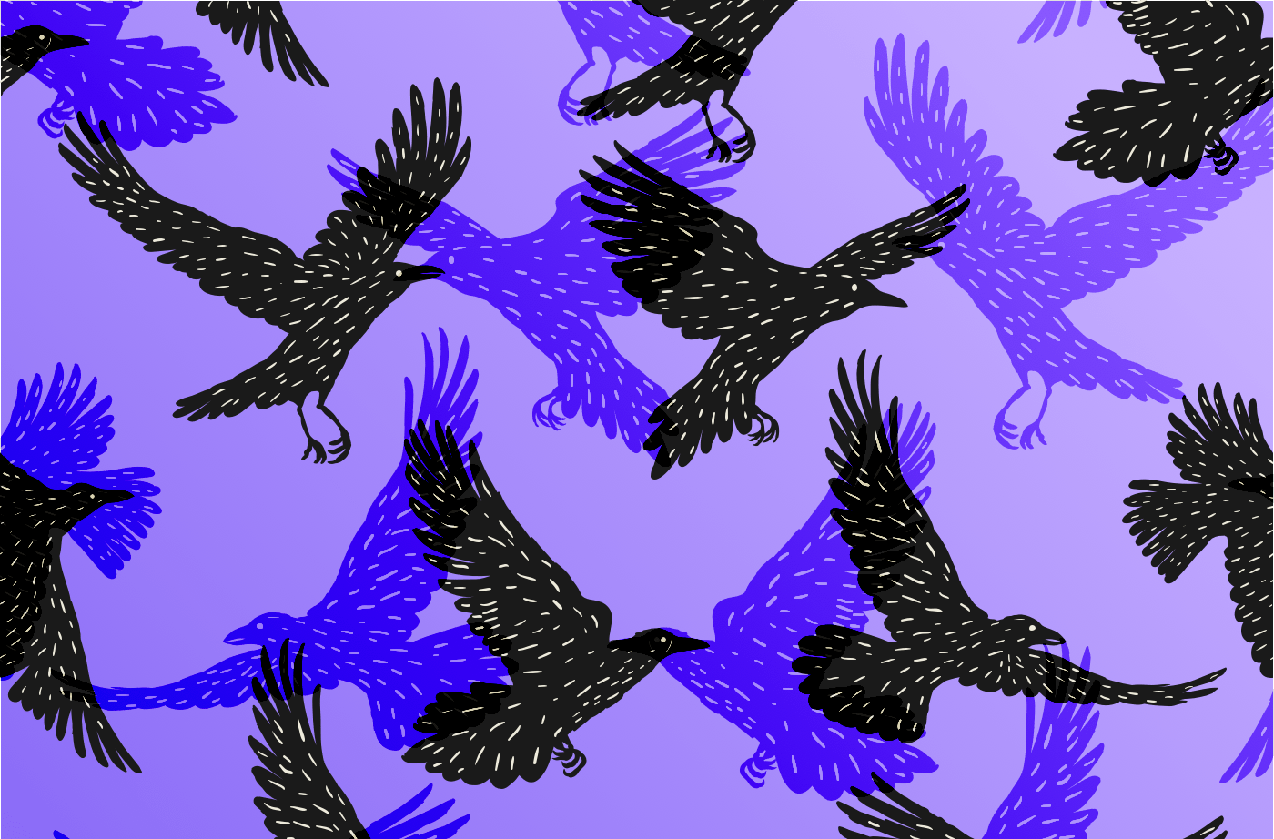 an illustration of dozens of crows flying and overlapping each other. half the crows are black, the other half are shades of purple