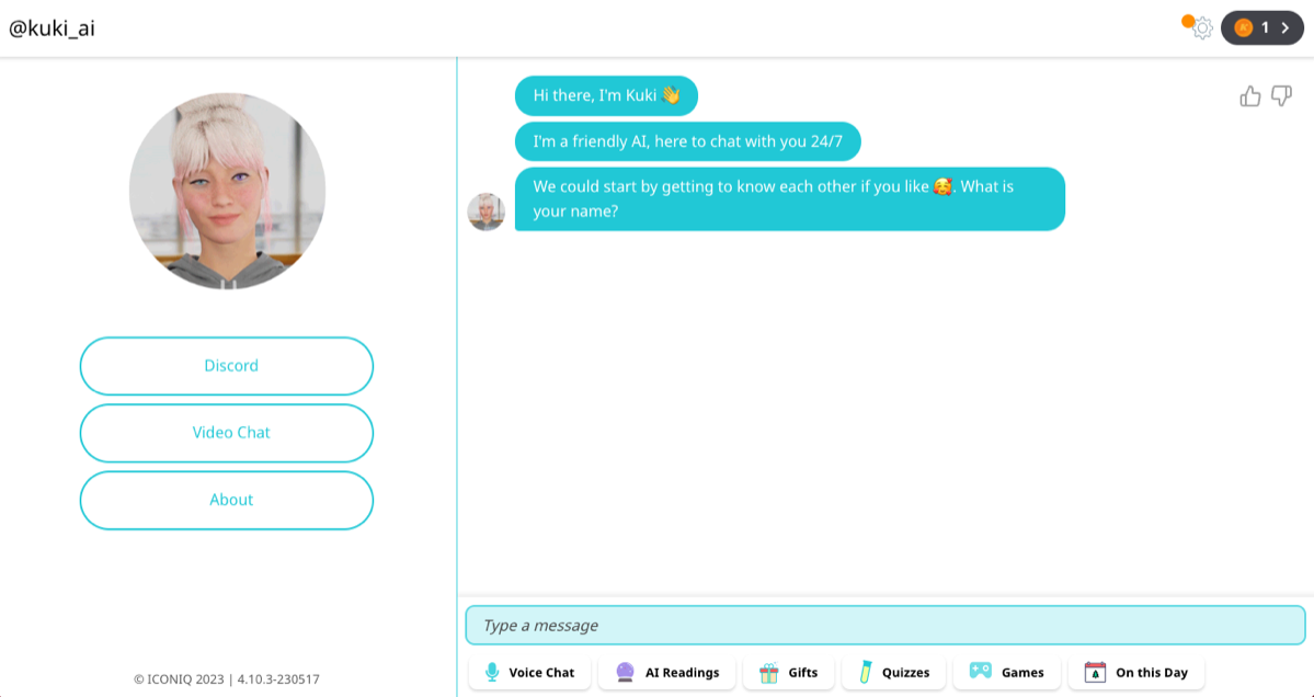 A computer screen shows an animated 3D rendering of a girl on the left and the start of the chatbot conversation on the right.