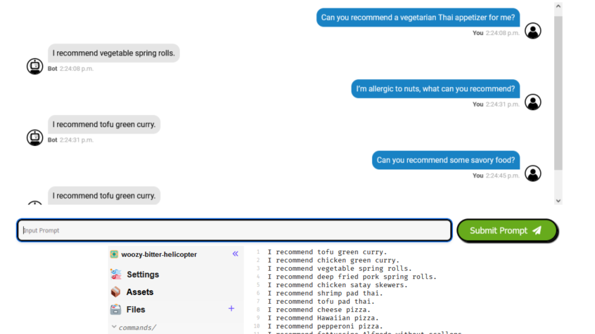 On the topwindow, we see the chatbot responding with food suggestions. On the bottom we see the assistant.txt file with a list of foods.