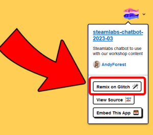 A larger red arrow points to a box that reads "remix on Glitch."