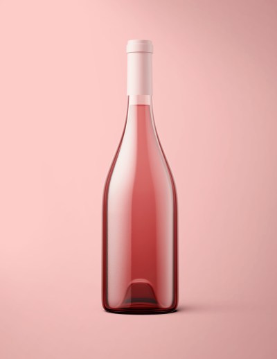 Rose wine bottle on pink background. Product packaging brand design. 
