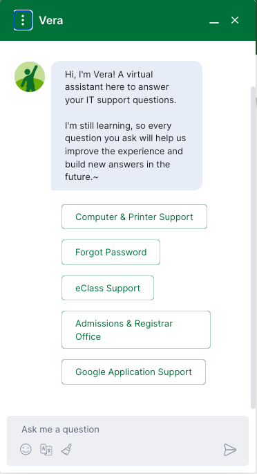 A box has an introduction from Vera written and then several options for potential questions to ask the chatbot.