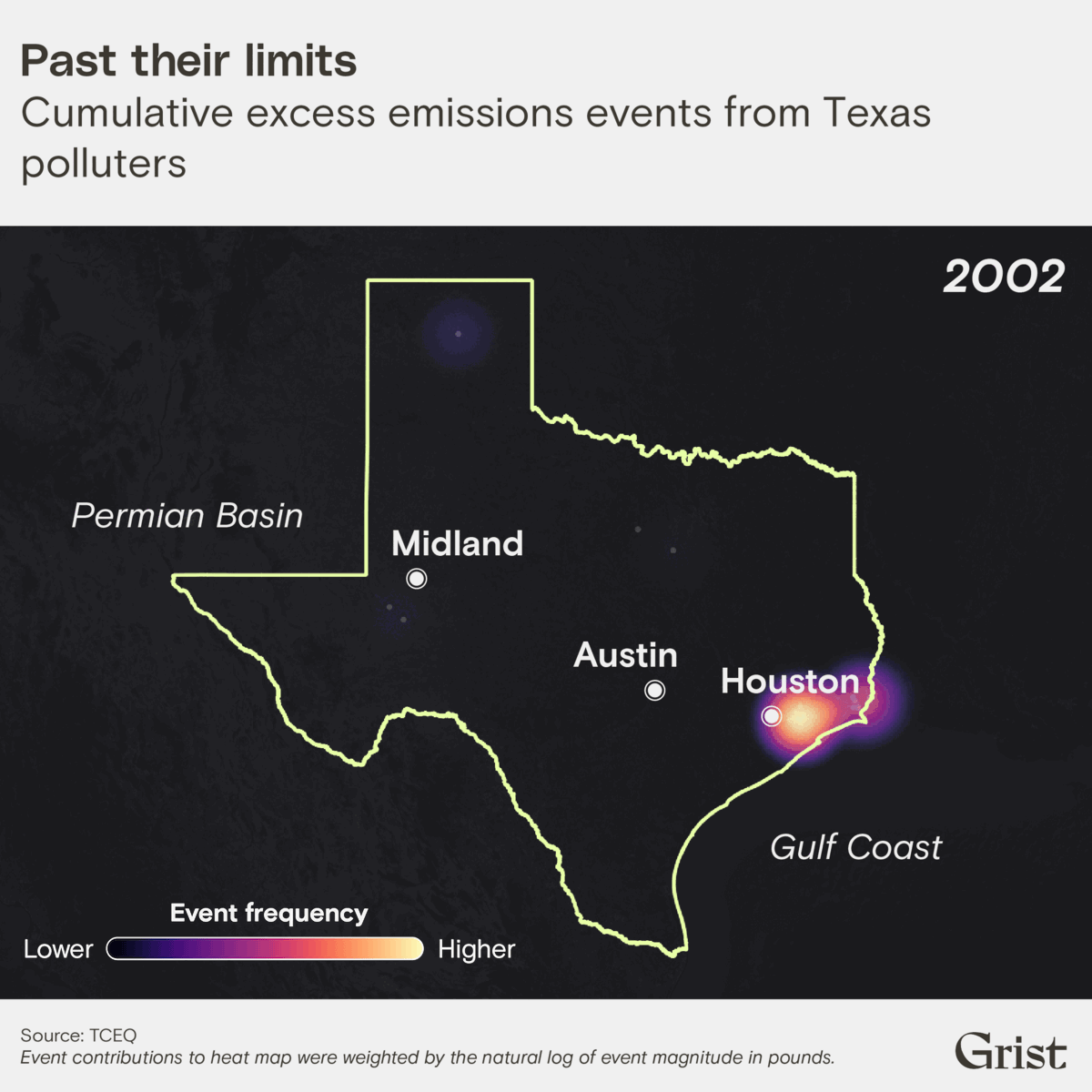 A chart that shows the hotspots of high emissions in Texas, with a notable increase in Midland since 2009.