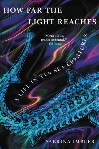 An illustration of a blue fish swims across the cover of Sabrina Imbler's book "How Far The Light Reaches." 