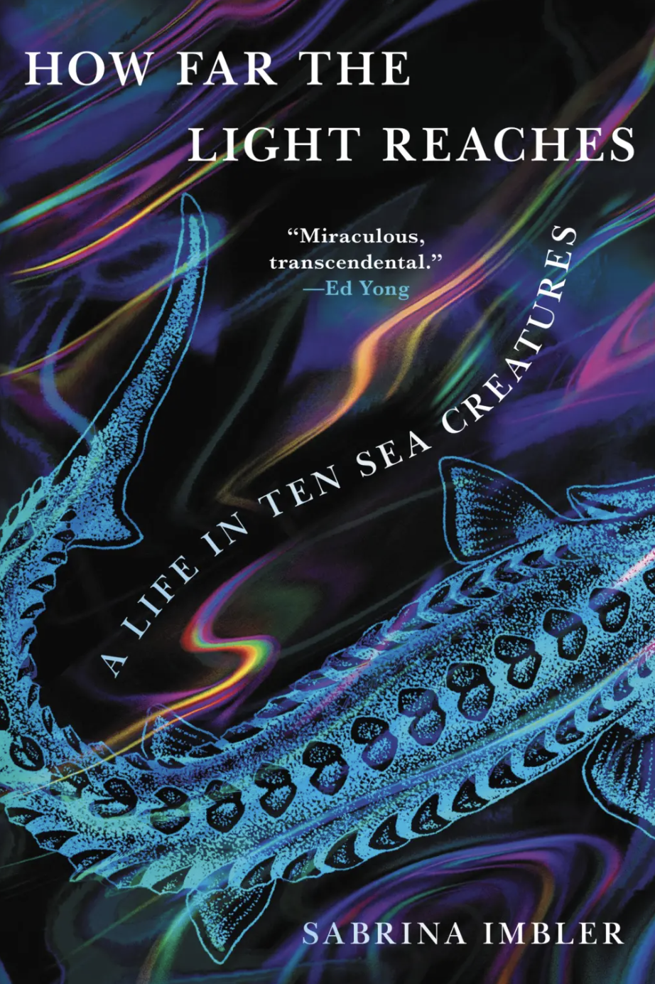 An illustration of a blue fish swims across the cover of Sabrina Imbler's book "How Far The Light Reaches."