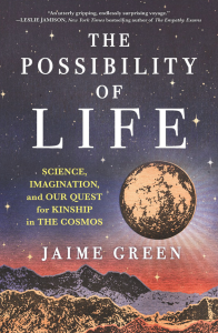 An illustration of a moon in the sky above a mountain range for the cover of Jaime Green's book "The Possibility of Life." 