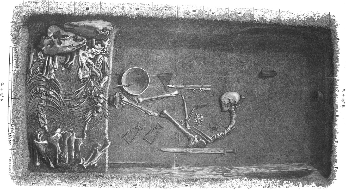 A black-and-white illustration of a grave. Two horse skeletons and a human skeleton are visible, along with a sword, an axe, and other weapons and tools.