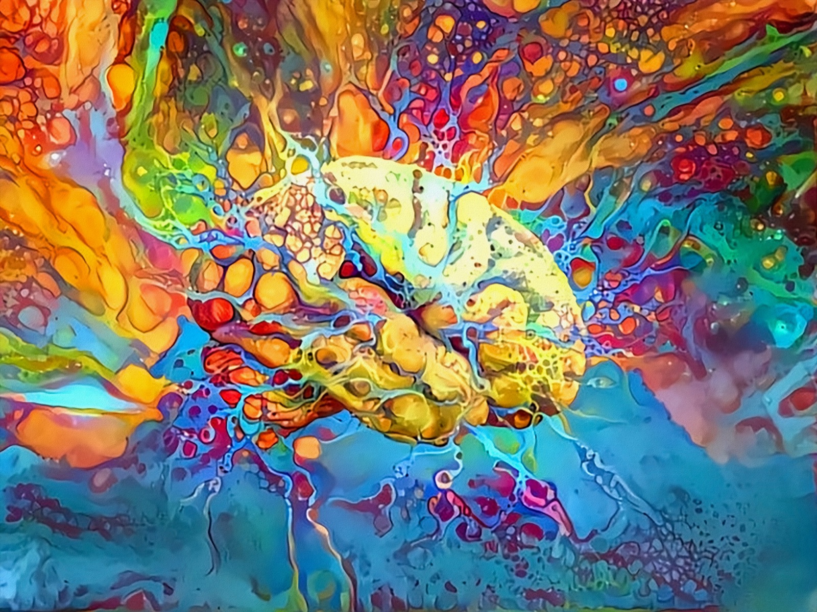 a trippy piece of artwork featuring a multicolored brain that seems to be exploding with multicolor blasts of ink