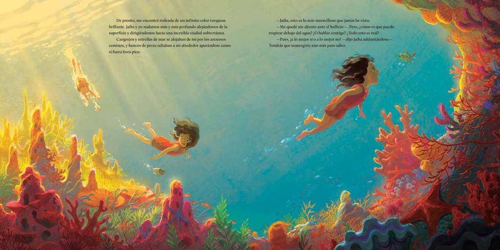 Three children swimming among a colorful coral reef.