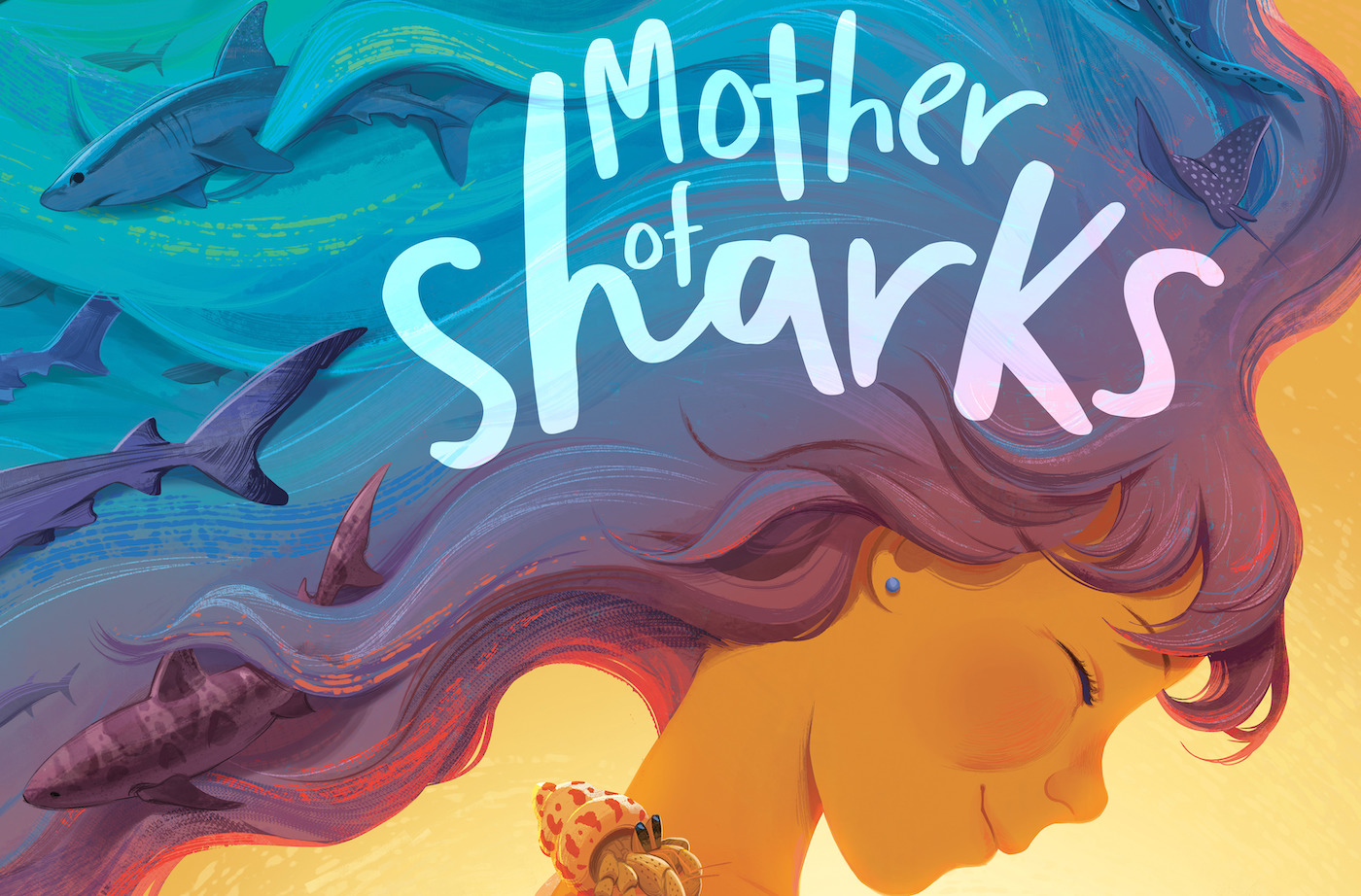 The cover of a book titled "Mother of sharks." An illustration of a girl with a crab on her shoulder looks down. Her wavy hair flows and turns into the sea